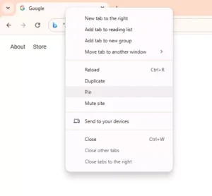 To pin a tab in google Chrome : Right-click on the tab you want to pin and select Pin