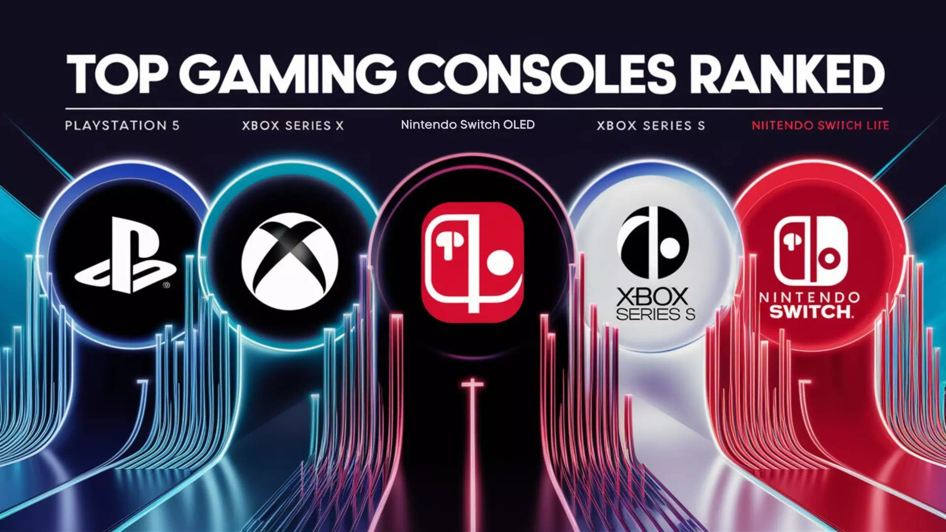 In the photo, you can see a stunning lineup of the best gaming consoles: the powerful PlayStation 5, sleek Xbox Series X, and versatile Nintendo Switch. Each gaming console stands out for its cutting-edge design and features, offering an immersive gaming experience for every type of gamer.