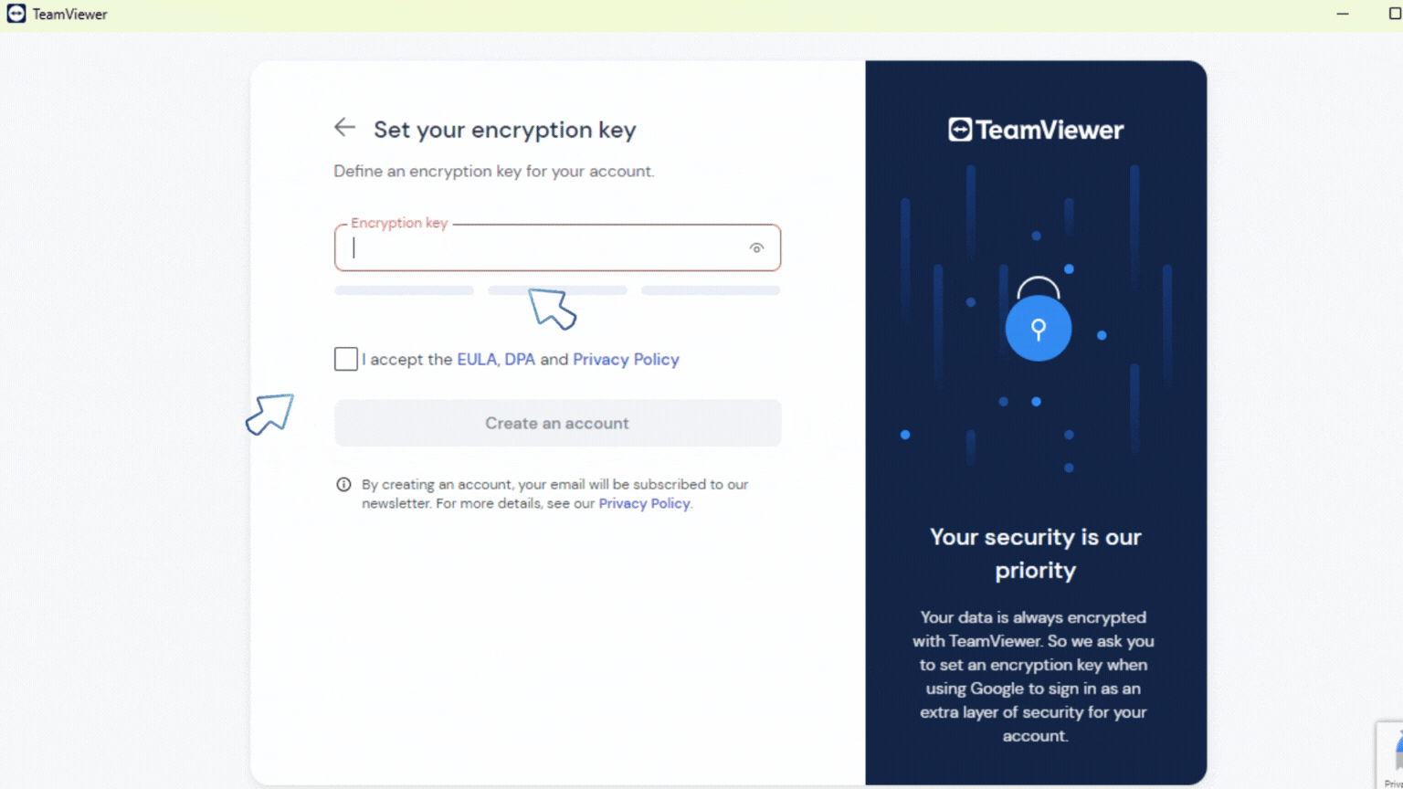 in image show the place to Set your encryption key and accept privacy policy