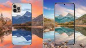 A comparison of the iPhone 16 Pro Max's 48MP camera and the Galaxy S24 Ultra's 200MP camera in zoom and low-light scenarios. The iPhone 16 Pro Max's 48MP camera takes a photo of a landscape with mountains, trees, and a body of water. The photo is clear and detailed, with the mountains in the background being particularly sharp. The Galaxy S24 Ultra's 200MP camera takes a photo of the same landscape with a similar composition. The photo is also clear and detailed, with the mountains in the background being particularly sharp. However, the Galaxy S24 Ultra's photo has more detail in the foreground, such as the rocks near the water's edge.