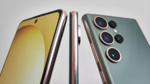 image of the Samsung Galaxy S24 Ultra from the front, side, and back, showcasing its design and features